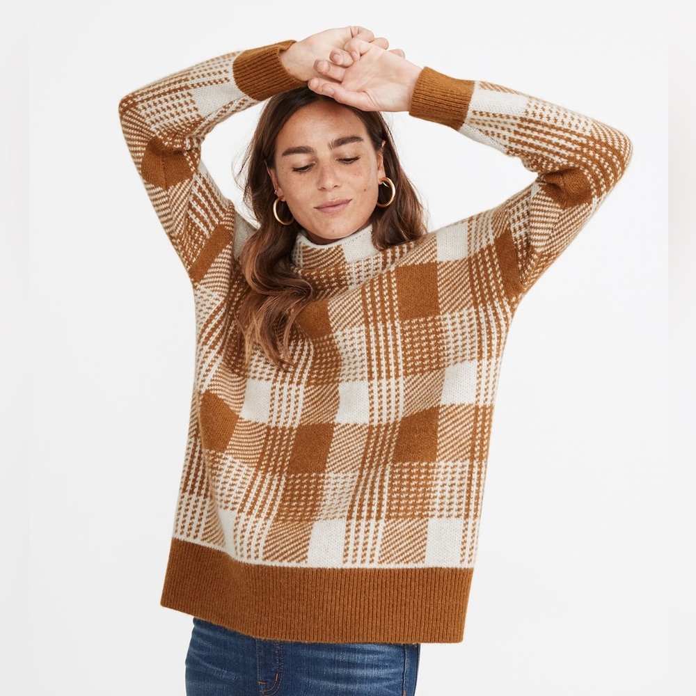 Madewell Mustard Yellow Plaid Mockneck Tunic Sweater (Size XXL)